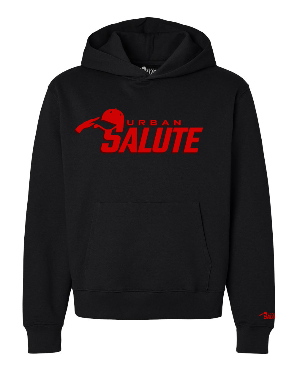 Urban Salute Classic Hoodie: Black with Red Print