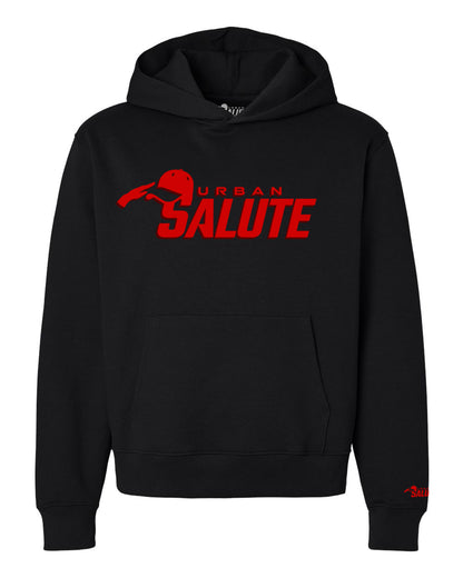 Urban Salute Classic Hoodie: Black with Red Print